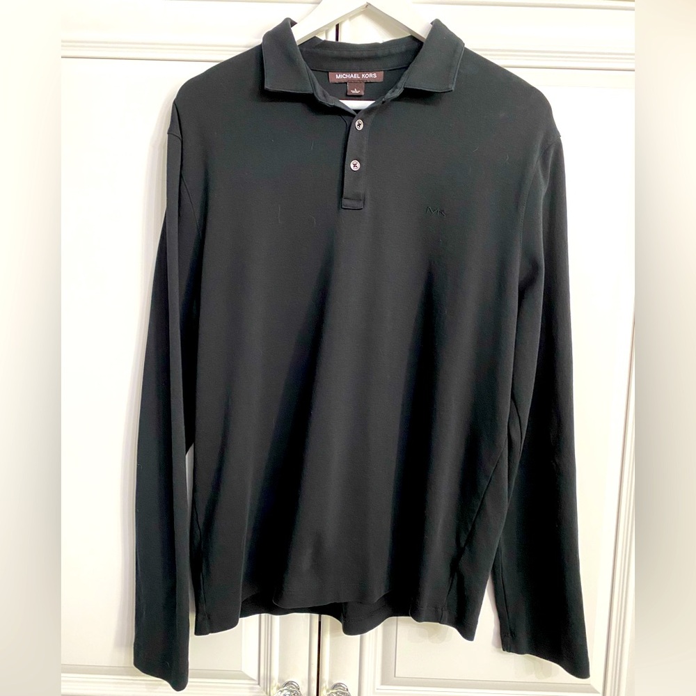 Michael Kors Menβs Size Large Long Sleeve Polo Shirt Black Sweater Top Preppy